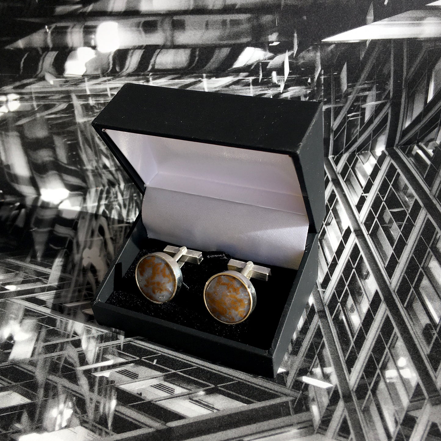 Zilveren manchetknopen met mosagaat