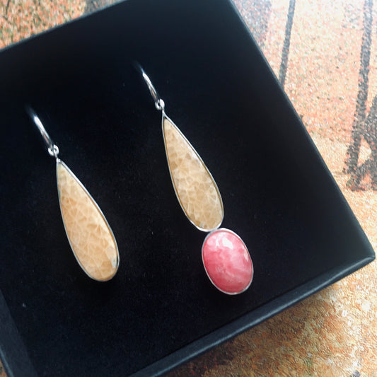 Lumen. Earrings with fossilized coral and rhodonite