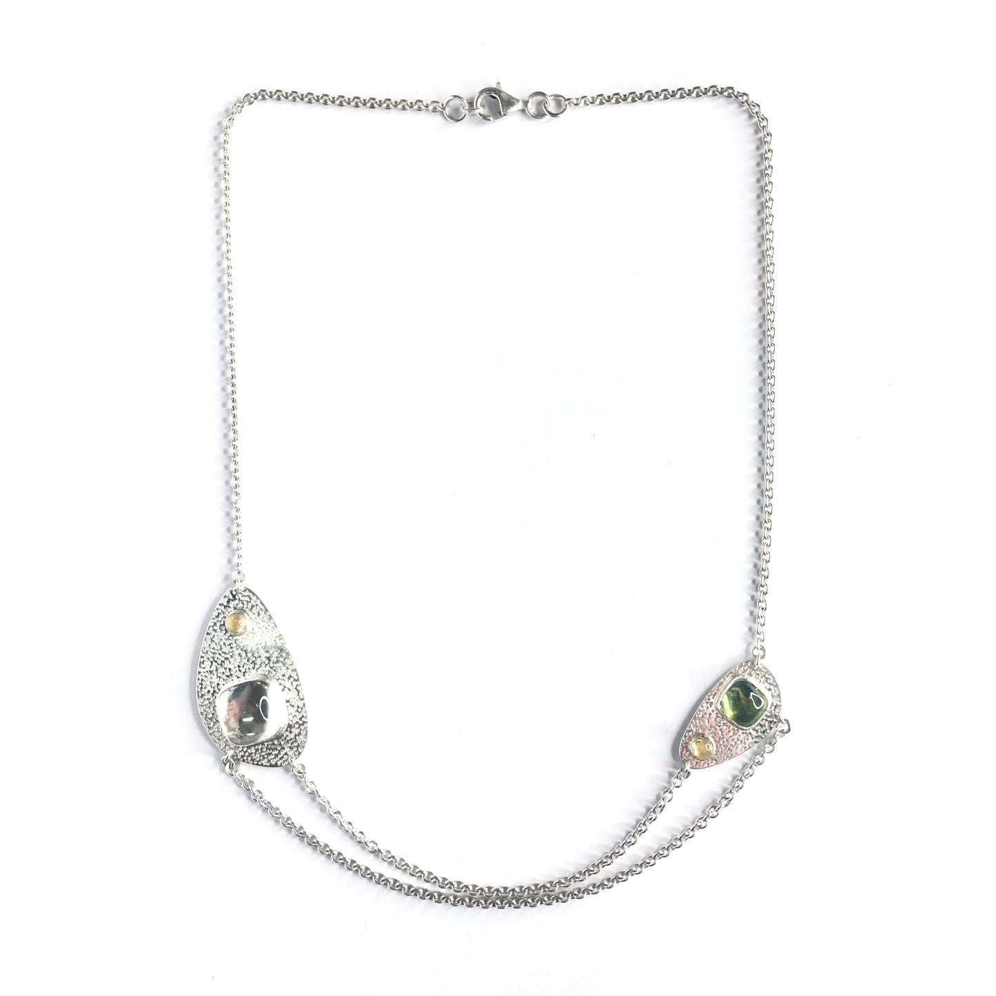 Silver necklace with corundum, peridot and rock crystal