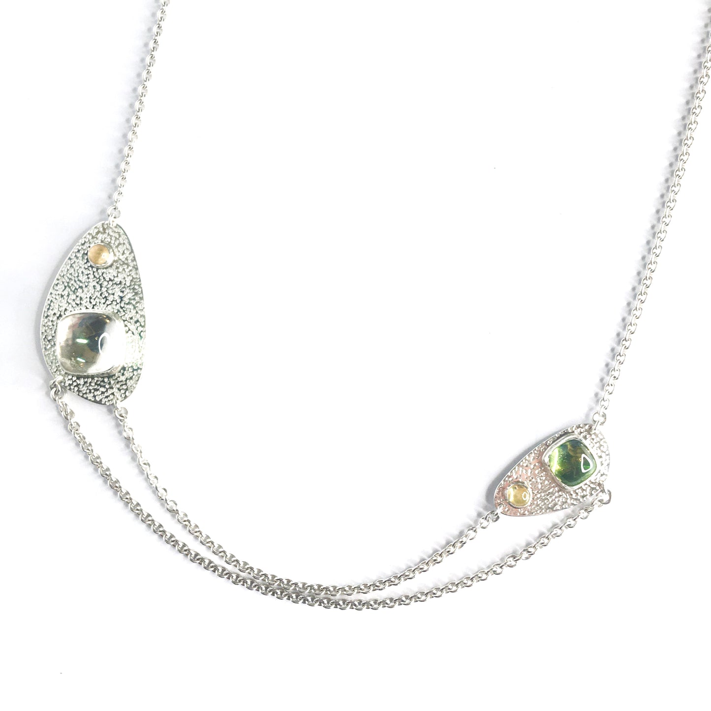 Silver necklace with corundum, peridot and rock crystal